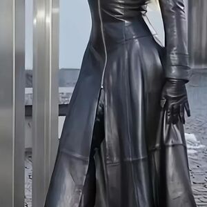 Black Faux Leather Long Trench Coat - Women